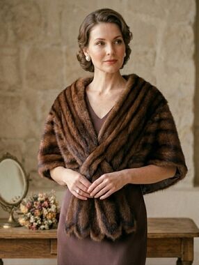 Vintage 50s Royal Furs Brown Mink Fur Stole Cross Front Capelet Shoulder Wrap